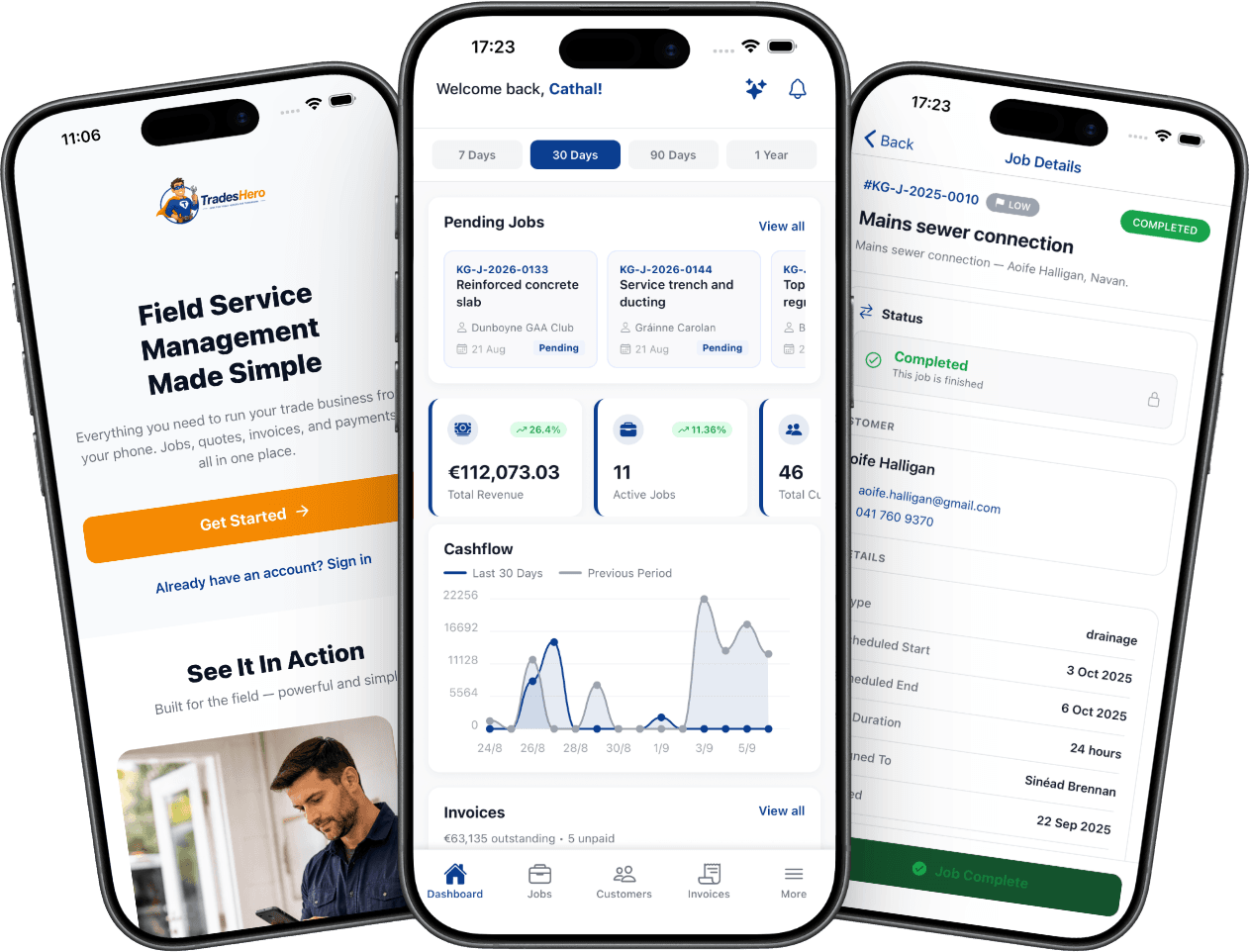 The TradesHero app on three phones: the welcome screen, a dashboard showing revenue, active jobs and cashflow, and a completed job with its customer and schedule.